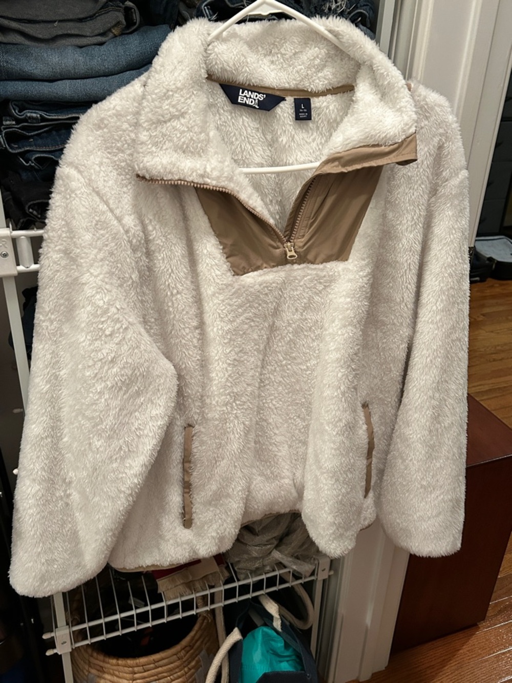 Lands' End Cream Sherpa Pullover with Tan Trim